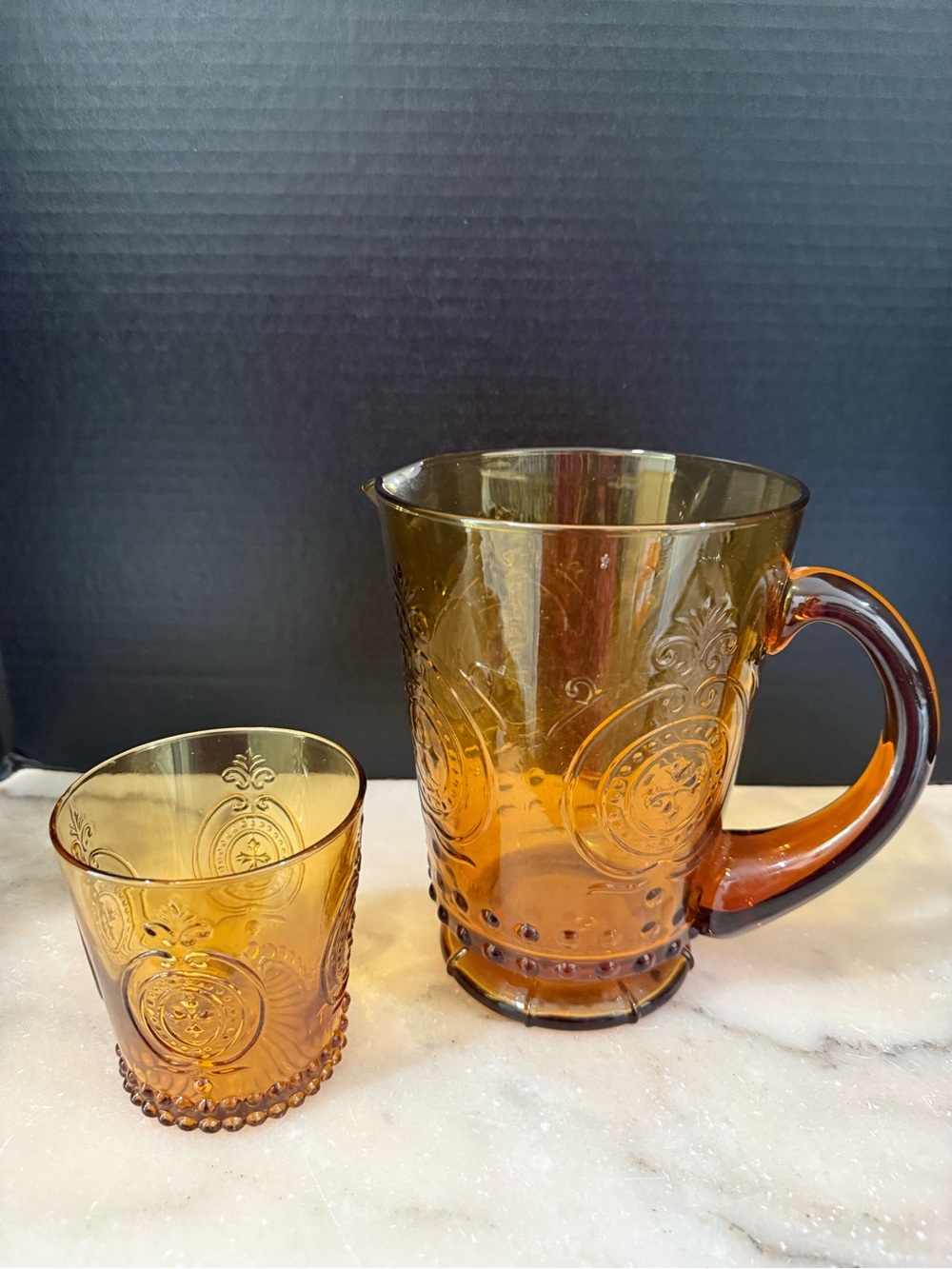 Pier 1 Amber Glass Water Tea Pitcher 7.5" and Glass Cup New Indiana Tiara
